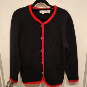 The Eagle's Eye Vintage Shetland Wool Black Cardigan Sweater Red Trim S Casual
